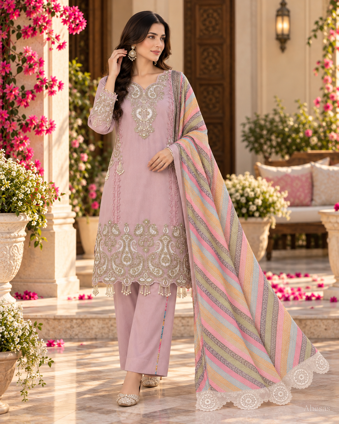 Dusty Pink Sequins Embroidered Pakistani Kurta Set