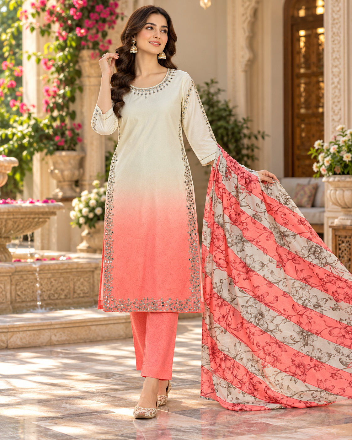 Ivory & Coral Pink Ombre Embellished 3-Piece Suit