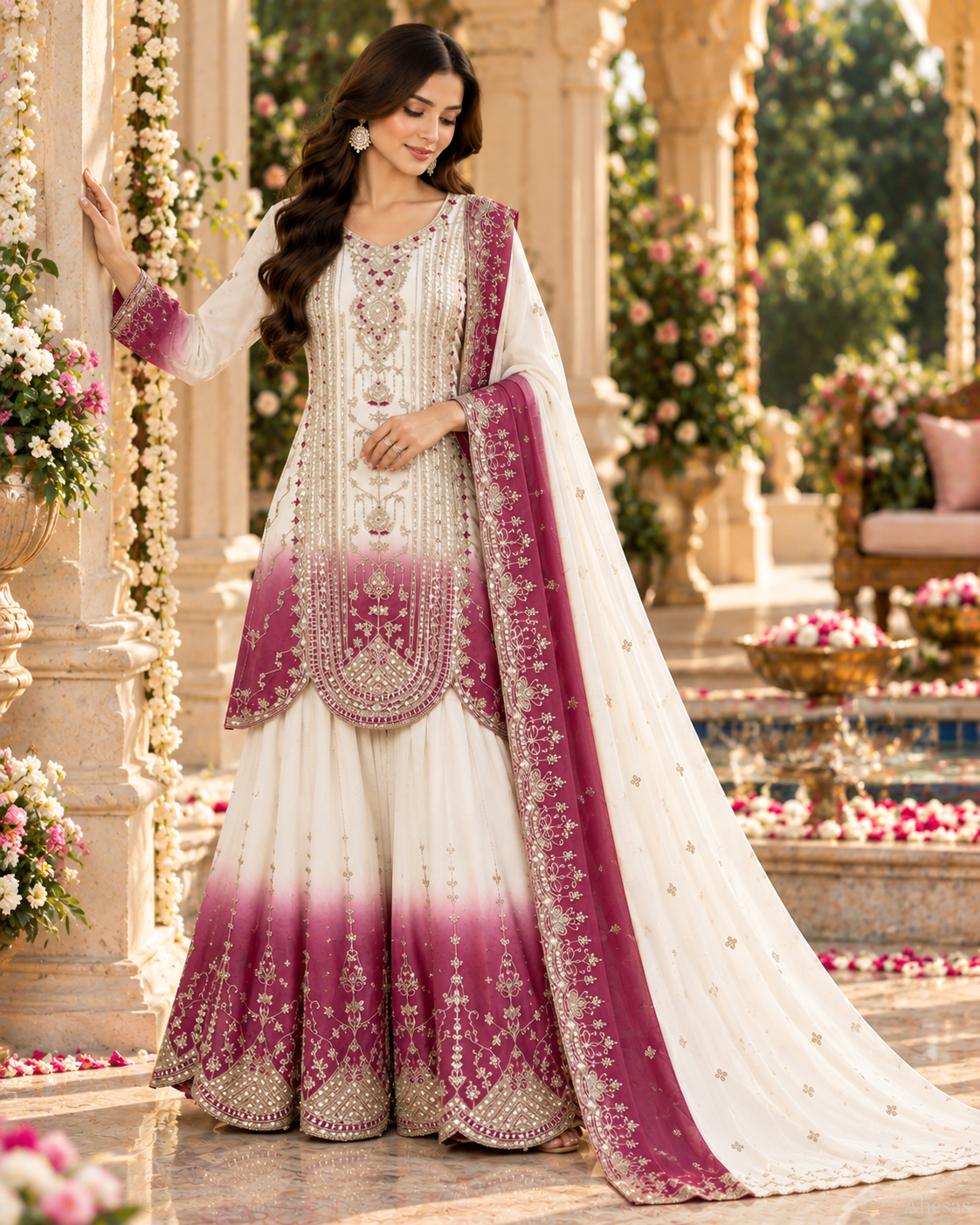 White & Dusty Pink Sequence Embroidered Palazzo Suit