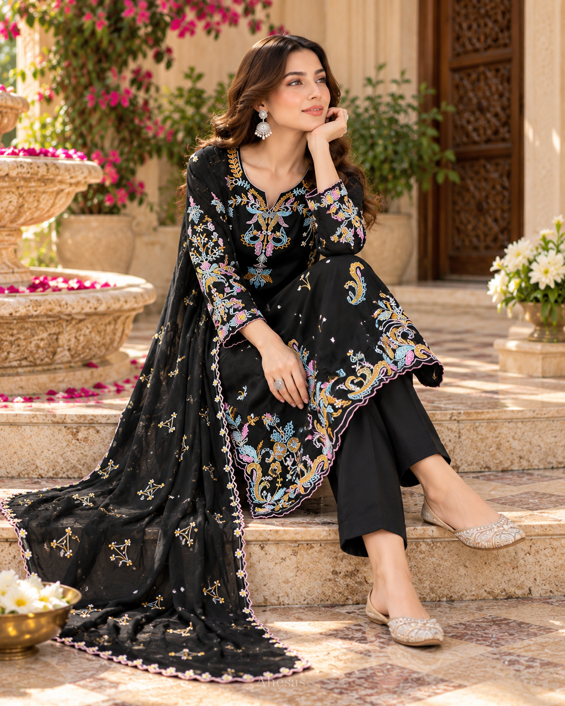 Black Floral Embroidered Kurta Pant with Dupatta