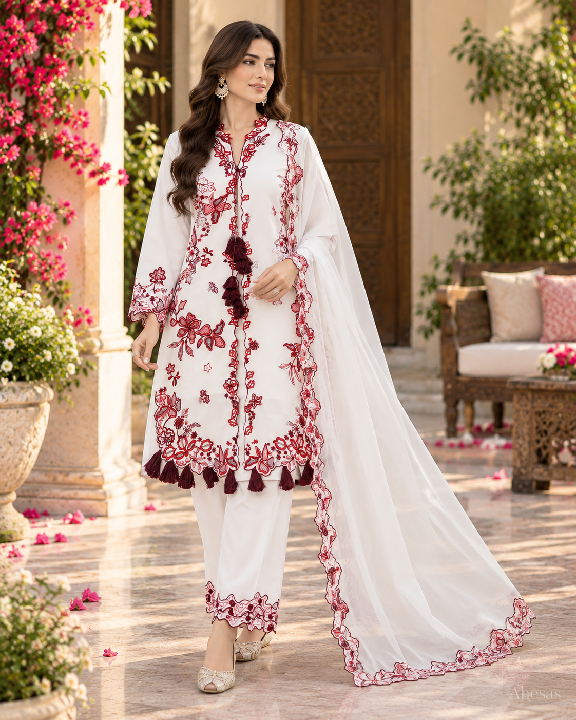 White & Maroon Floral Embroidered Pakistani Suit