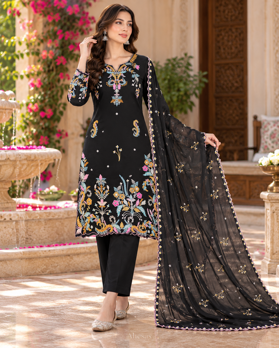 Black Floral Embroidered Kurta Pant with Dupatta