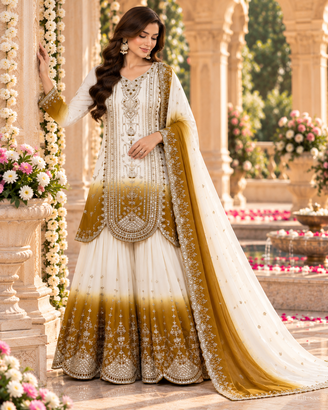 White & Antique Gold Ombre Sequence Embroidered Palazzo Suit