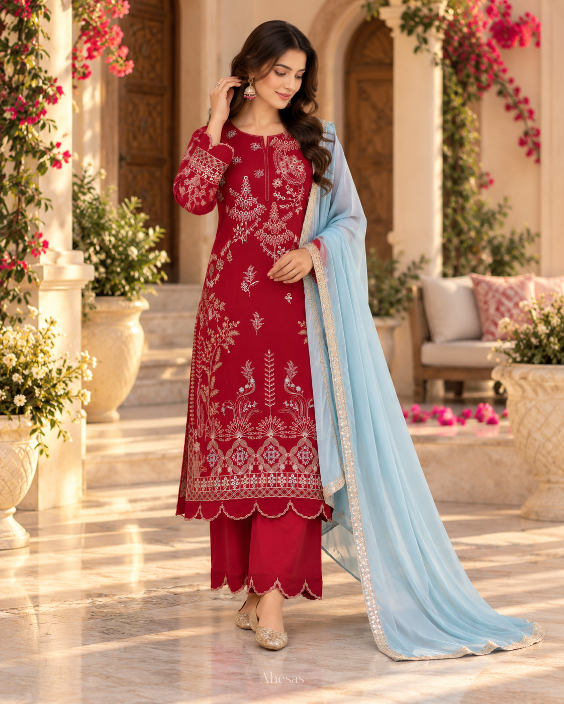 Red Embroidered Pakistani Salwar Suit with Dupatta