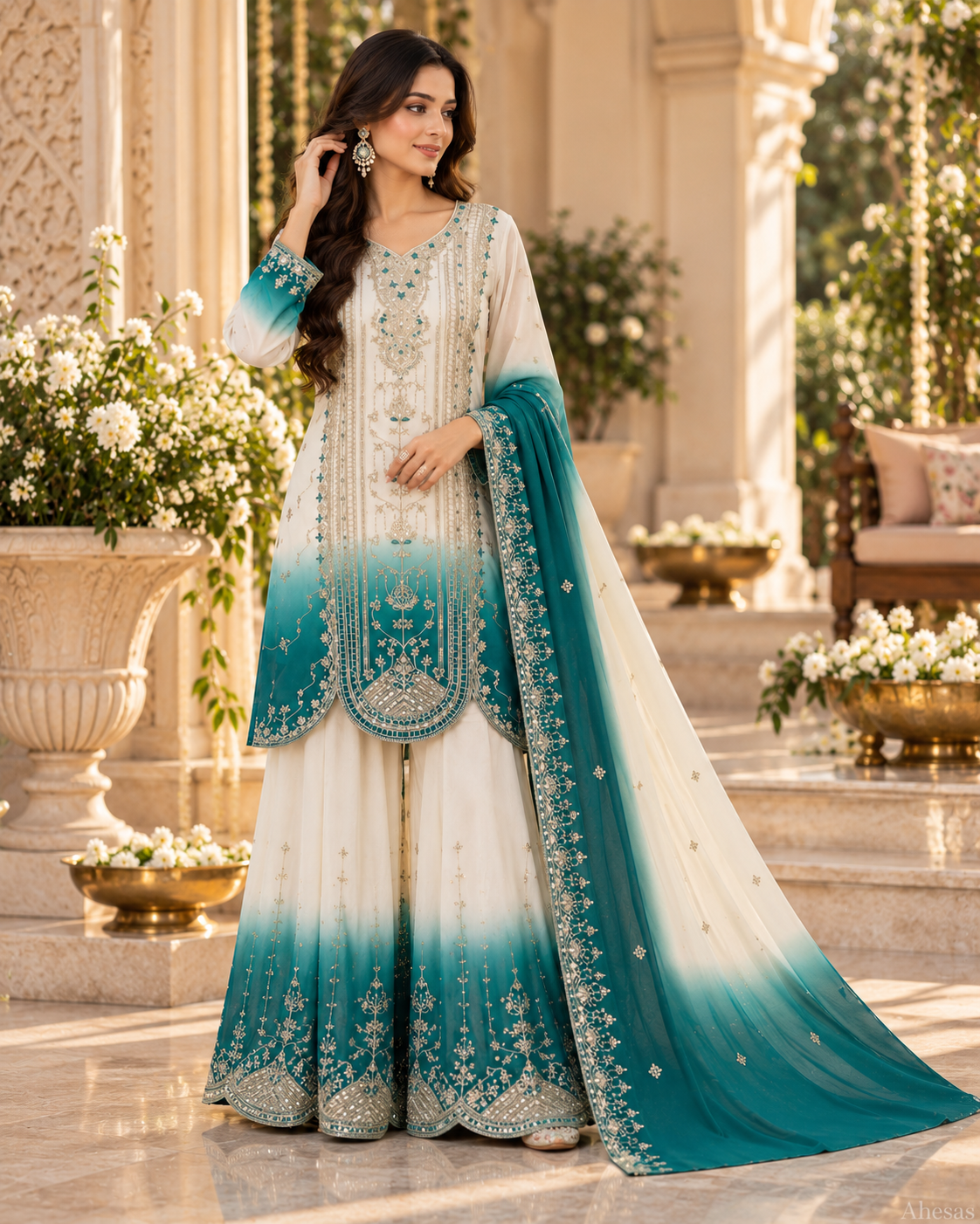 White & Emerald Sequence Embroidered Palazzo Suit