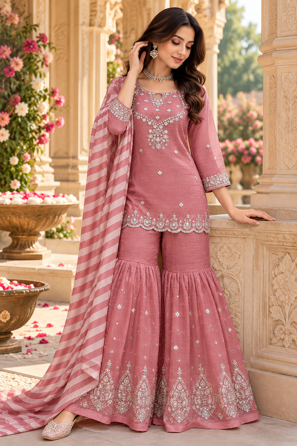 Dusty Rose Pink Silver Embroidered Sharara Suit with Striped Dupatta