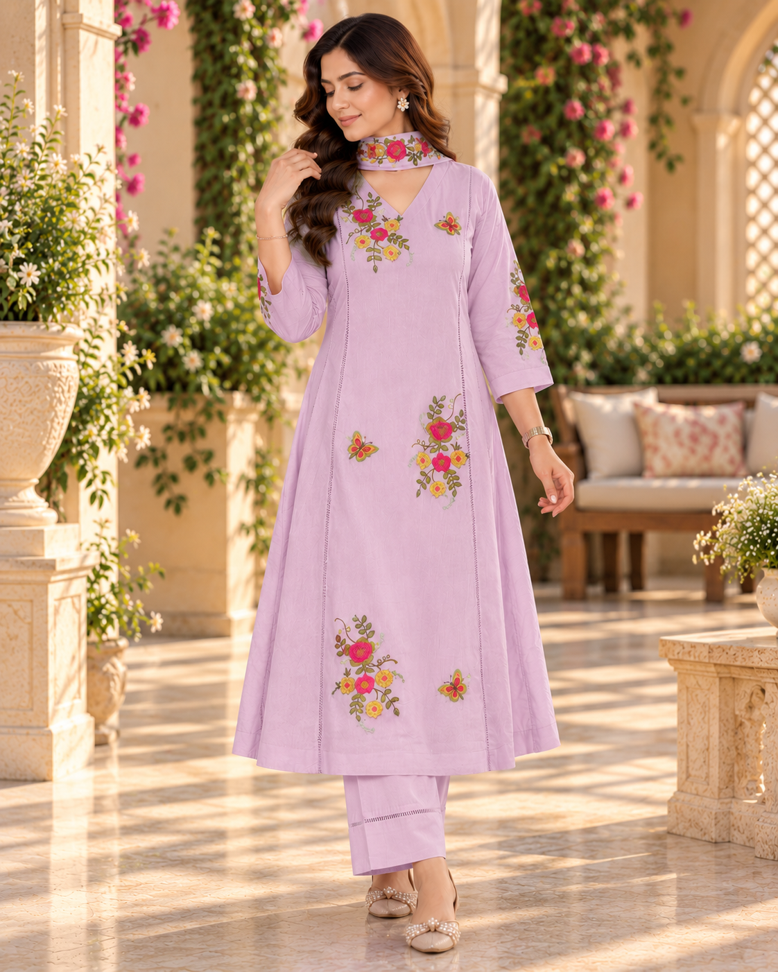 Soft Lilac Floral Embroidered A-Line Salwar Suit
