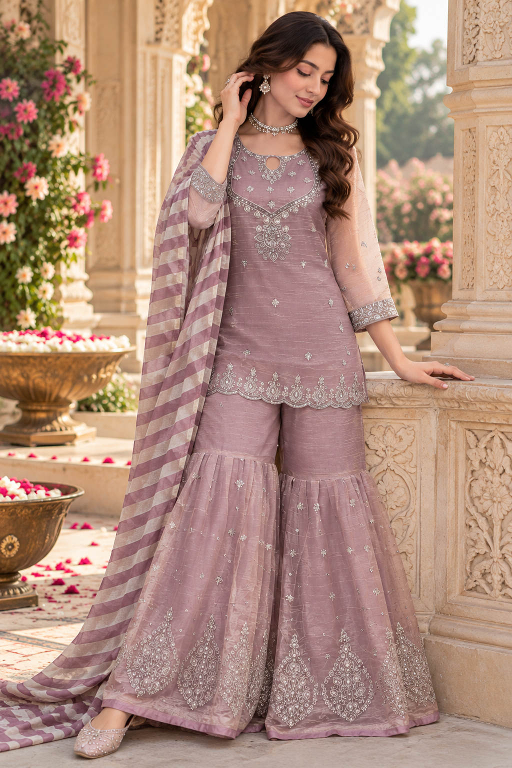 Dusty Mauve Pink Silver Embroidered Sharara Suit with Striped Dupatta