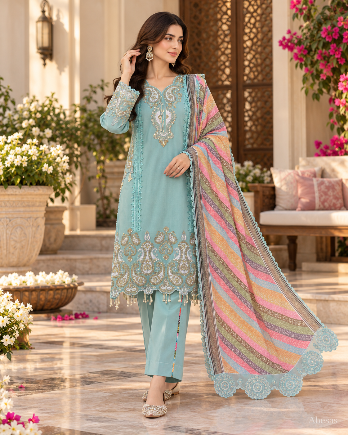 Soft Pastel Blue Sequins Embroidered Pakistani Kurta Set
