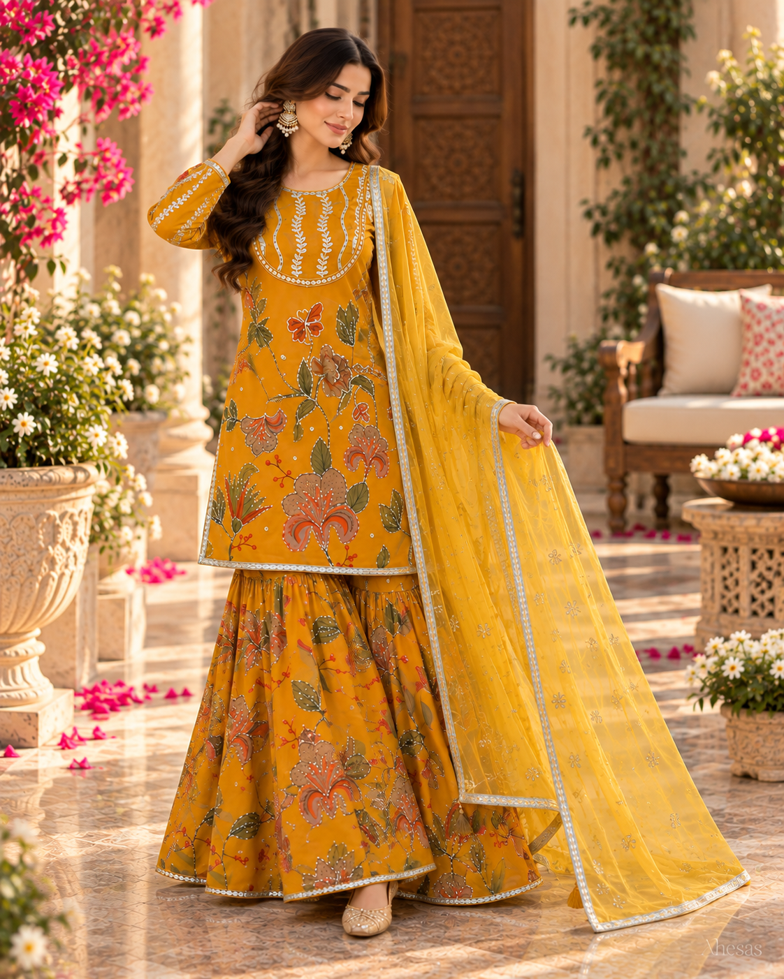 Mustard Yellow Floral Printed Sequins Sharara Suit