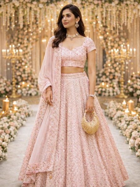 Pink Color Heavy Sequence Work Georgette Wedding Lehenga Choli