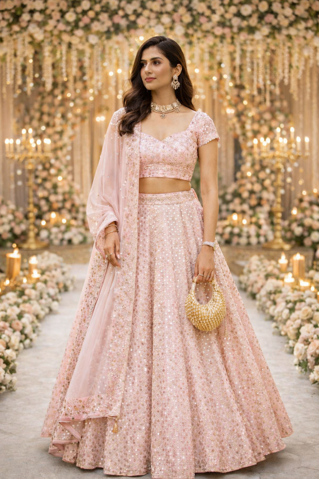 Pink Color Heavy Sequence Work Georgette Wedding Lehenga Choli