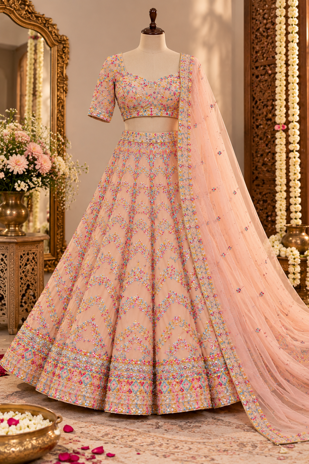 Peach Multicolor Paper Mirror Work Embroidered Lehenga Choli
