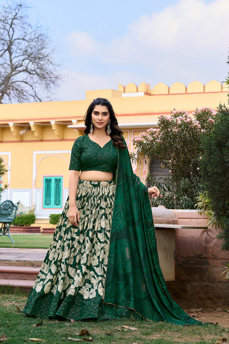 Green Color Pure Tussar Silk Floral Print Work  Collection Special Lehenga Choli Set