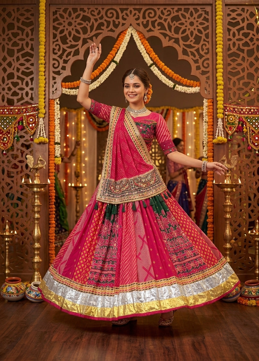 Pink Digital Printed Mirror Work Navratri Lehenga Choli