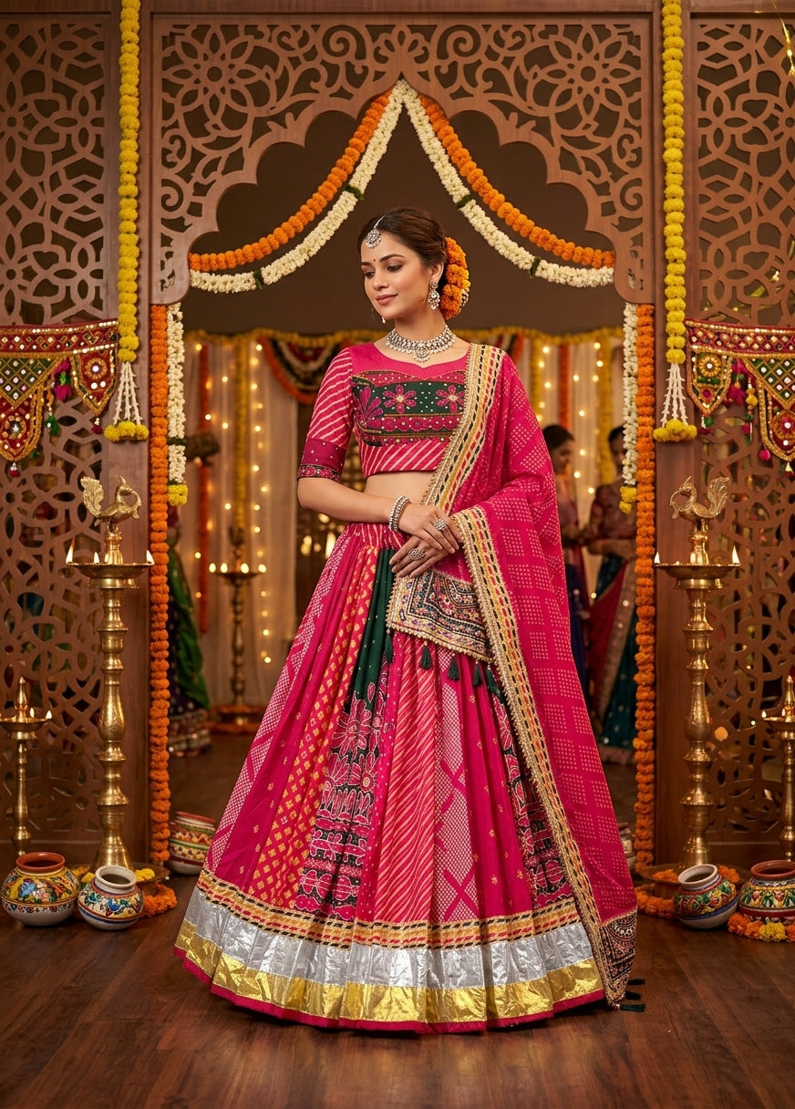 Pink Digital Printed Mirror Work Navratri Lehenga Choli