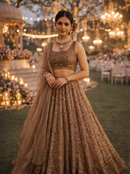 Golden Color Heavy Sequins Work Designer Net Lehenga Choli