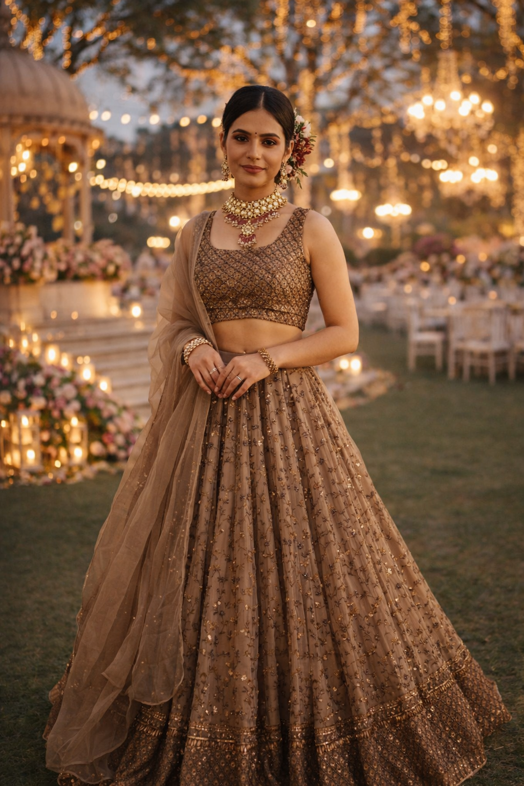 Golden Sequin Wedding Wear Net Lehenga for Women