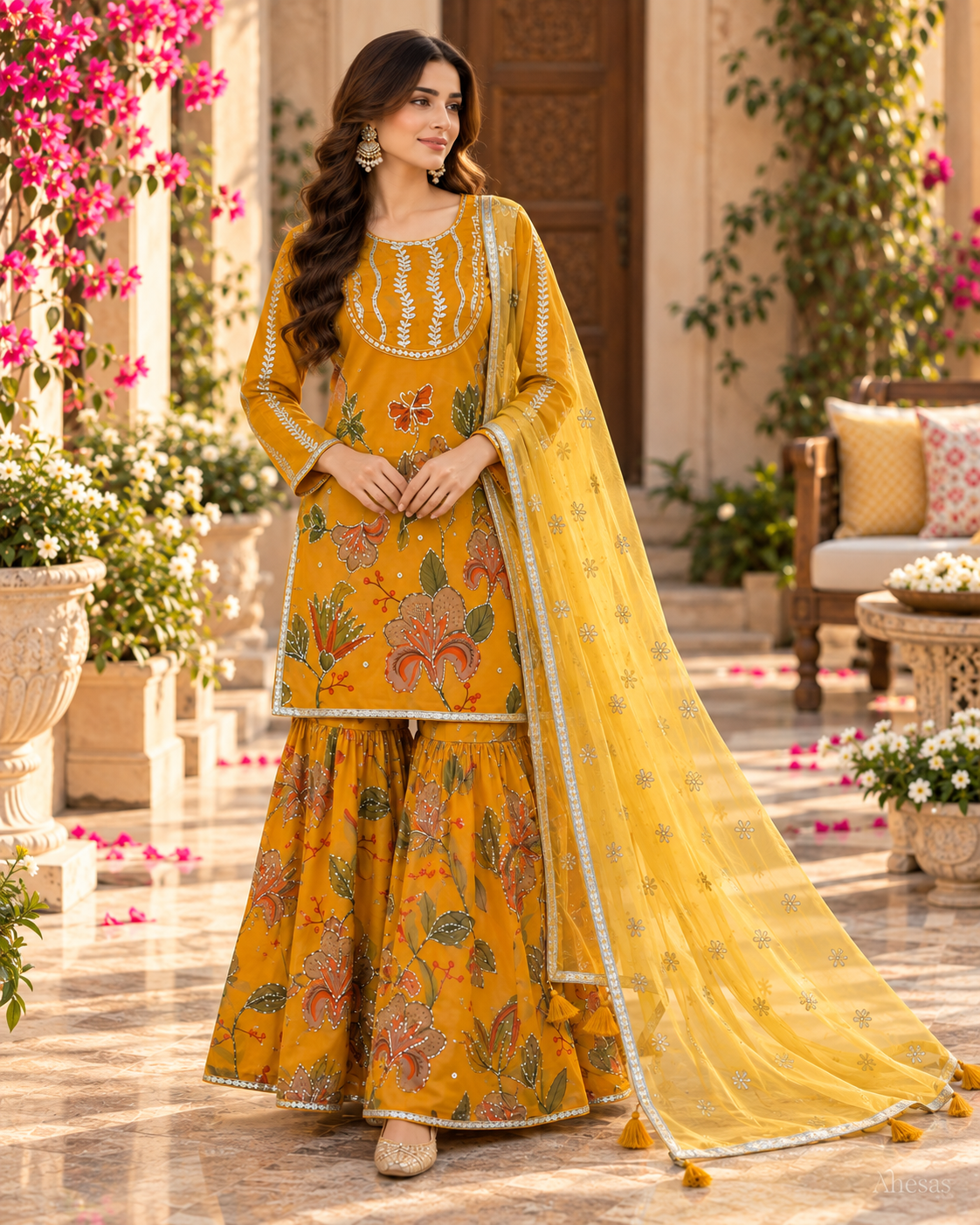 Mustard Yellow Floral Printed Sequins Sharara Suit