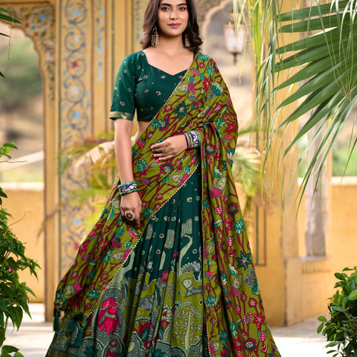 Green Color Tussar Silk Printed Gorgeous Lehenga Choli Set