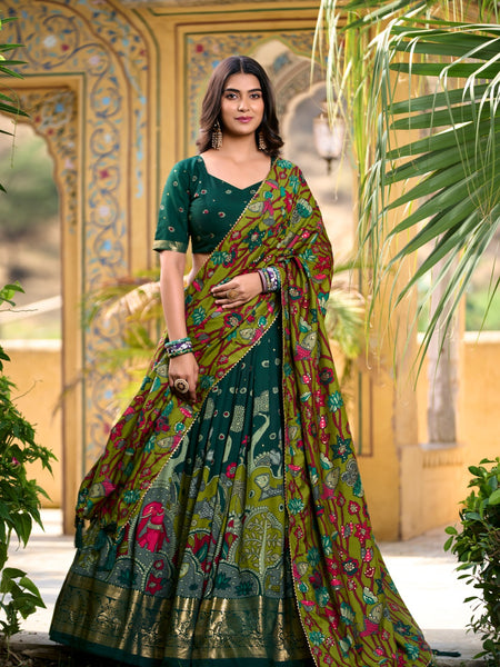 Green Color Tussar Silk Printed Gorgeous Lehenga Choli Set
