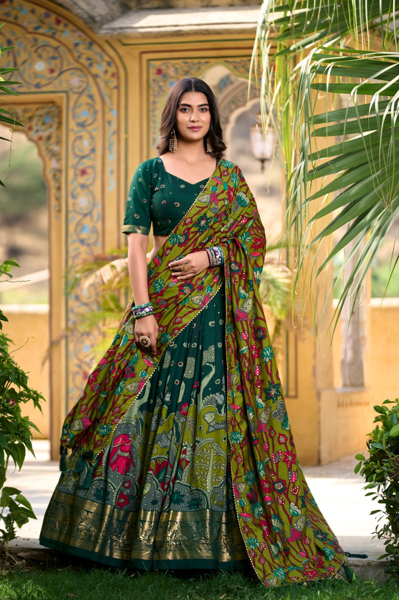 Green Color Tussar Silk Printed Gorgeous Lehenga Choli Set