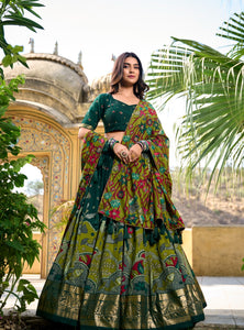 Green Color Tussar Silk Printed Gorgeous Lehenga Choli Set