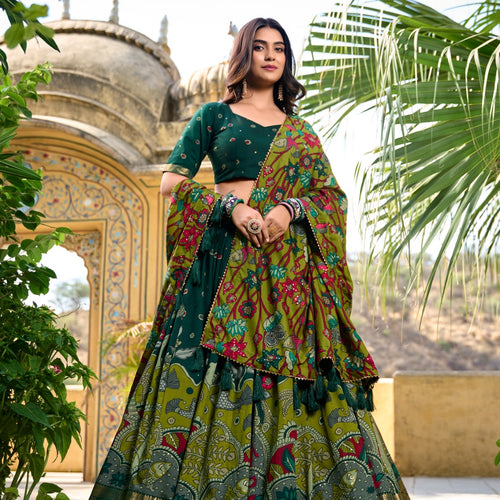Green Color Tussar Silk Printed Gorgeous Lehenga Choli Set