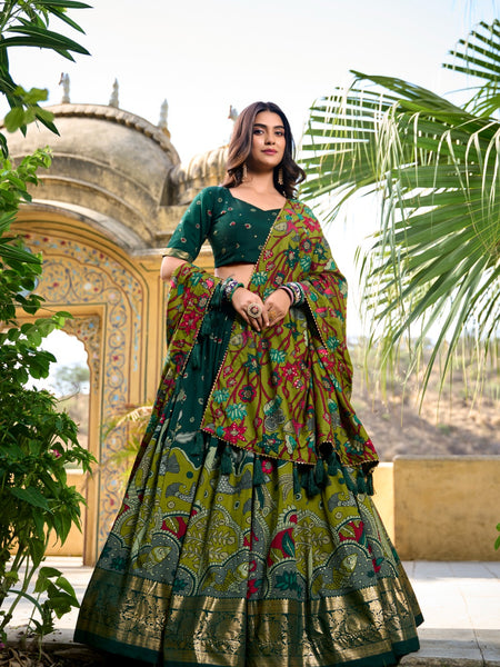Green Color Tussar Silk Printed Gorgeous Lehenga Choli Set