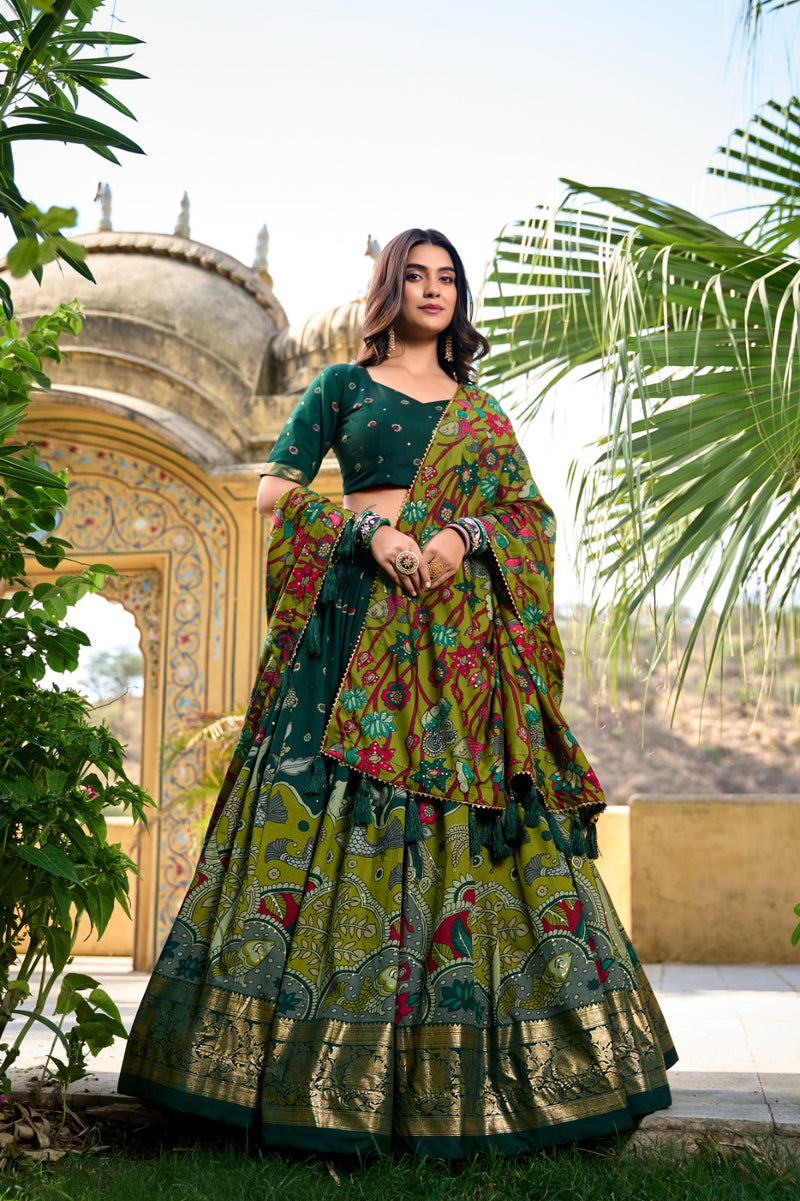 Green Color Tussar Silk Printed Gorgeous Lehenga Choli Set