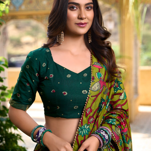 Green Color Tussar Silk Printed Gorgeous Lehenga Choli Set