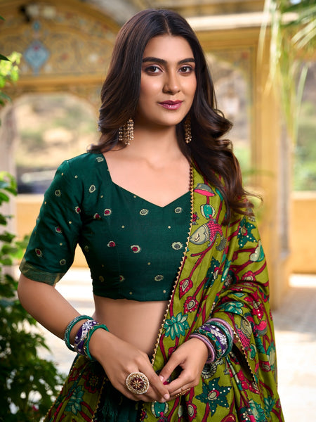 Green Color Tussar Silk Printed Gorgeous Lehenga Choli Set