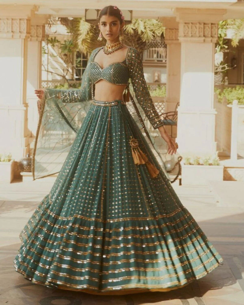 Green Color Heavy Embroidered Sequence Work Designer Lehenga Choli - Ahesas