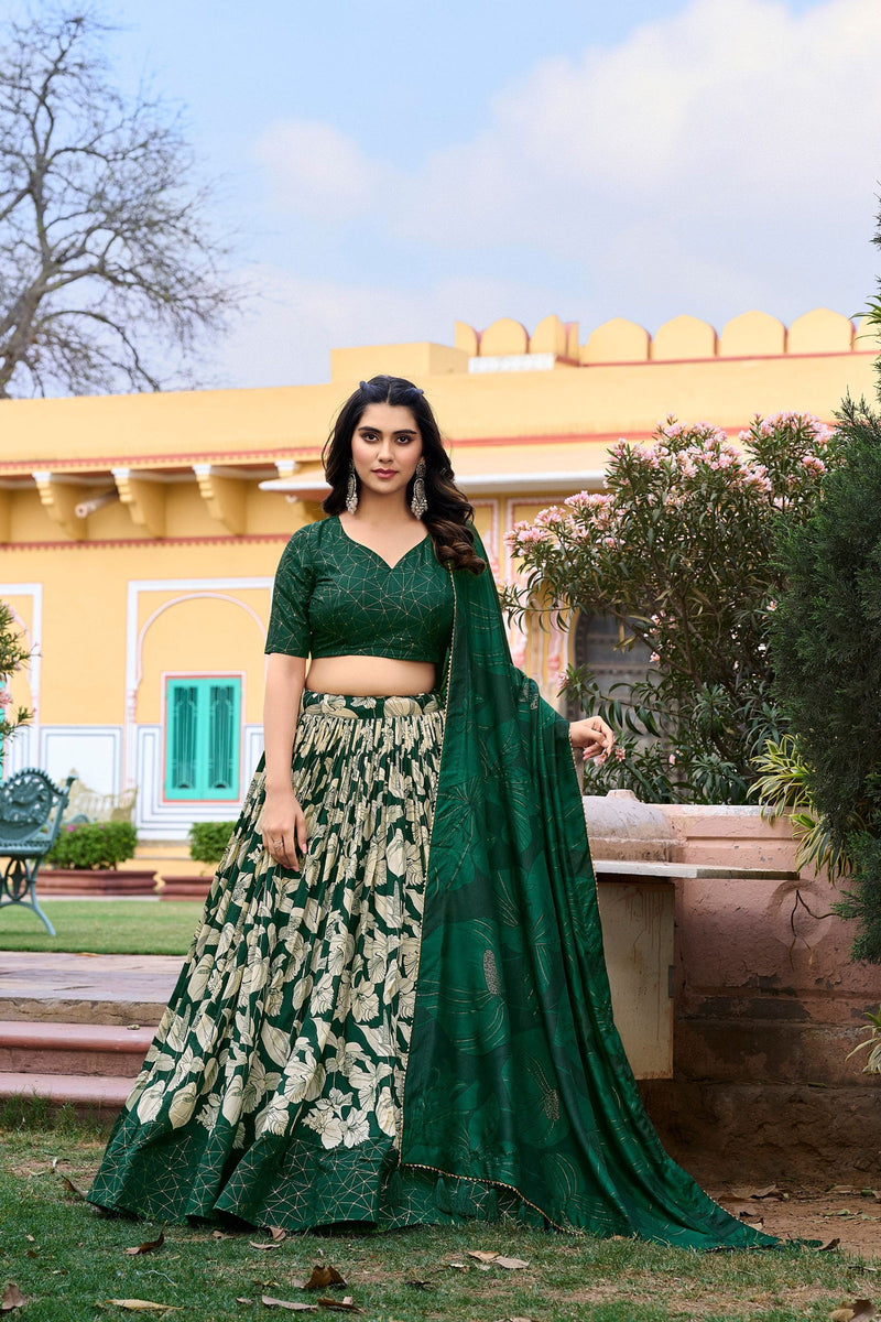 Green Color Pure Tussar Silk Floral Print Work  Collection Special Lehenga Choli Set - Ahesas