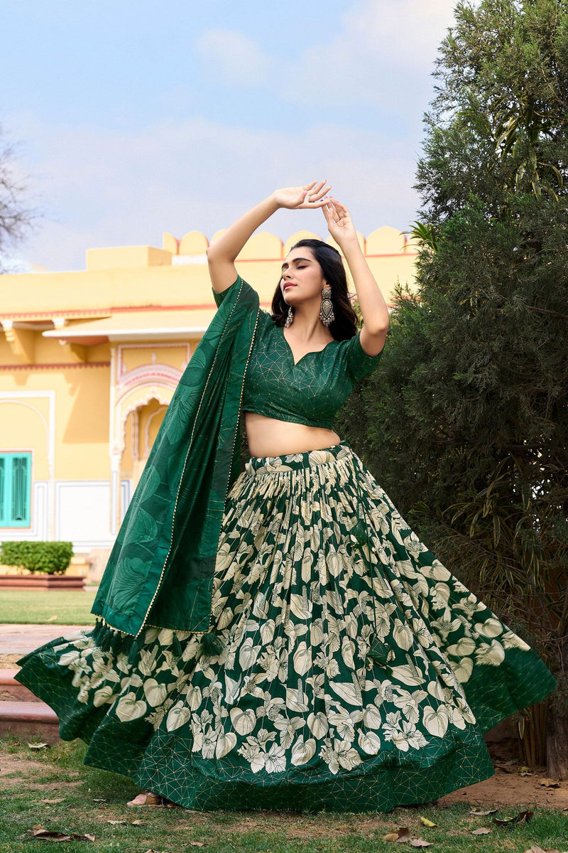 Green Color Pure Tussar Silk Floral Print Work  Collection Special Lehenga Choli Set - Ahesas