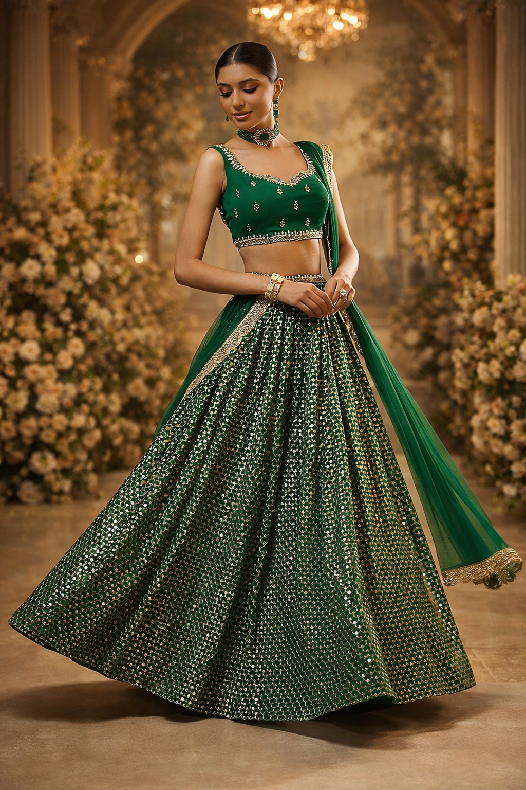Green Sequin Party Wear Lehenga for Women