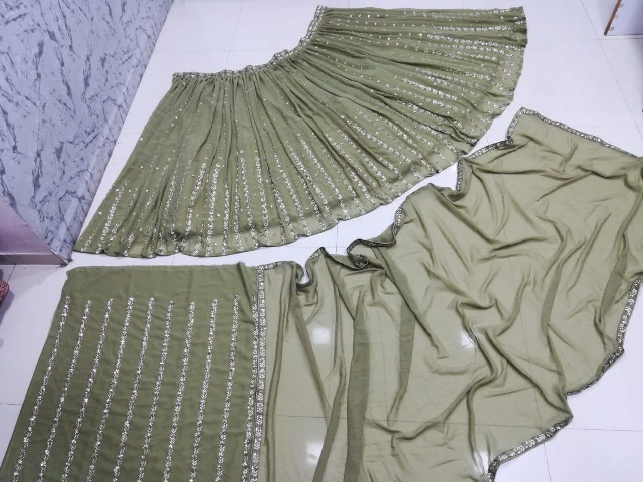 Green Color Sequins Embroidery Work Designer Georgette Lehenga Choli