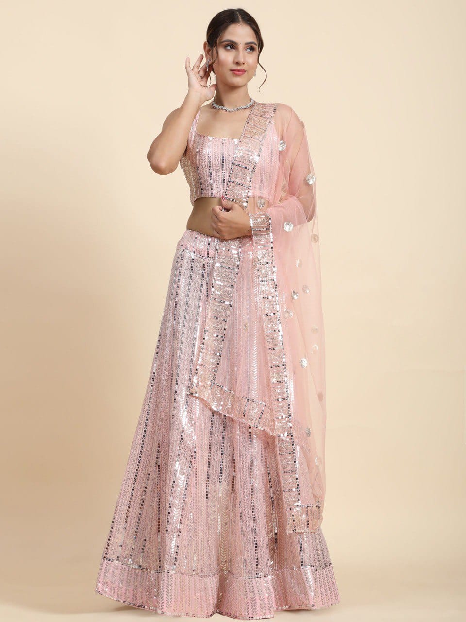 Peach Color Heavy Sequins Georgette Bollywood Designer Lehenga Choli