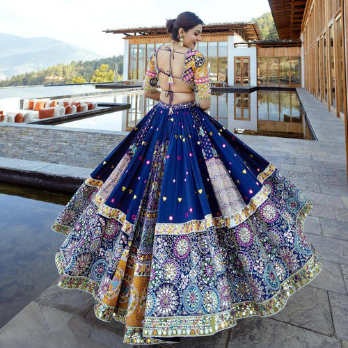 Blue  Color Muslin  With Digital Print Real Mirror Work Lehenga Choli