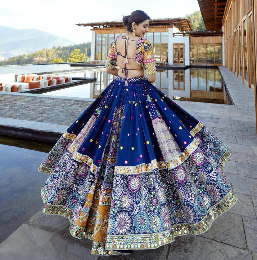 Blue  Color Muslin  With Digital Print Real Mirror Work Lehenga Choli