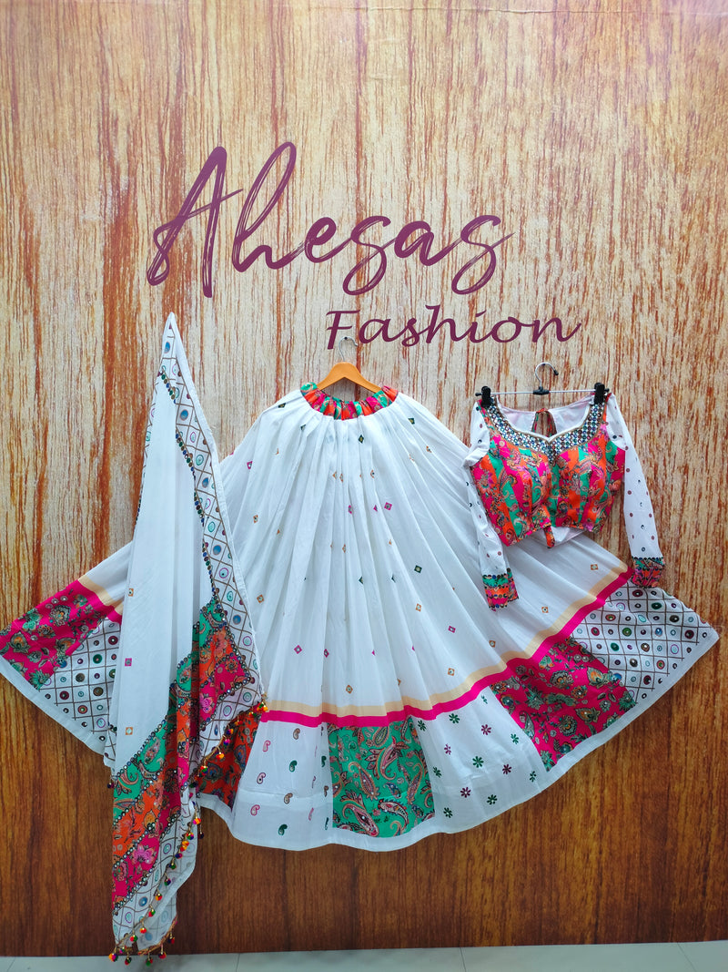 White Color Muslin Cotton With Digital Print Real Mirror Lehenga Choli Set