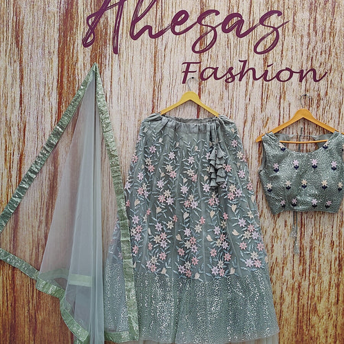Pista Color Designer Sequins Embroidery Work Net Lehenga Choli