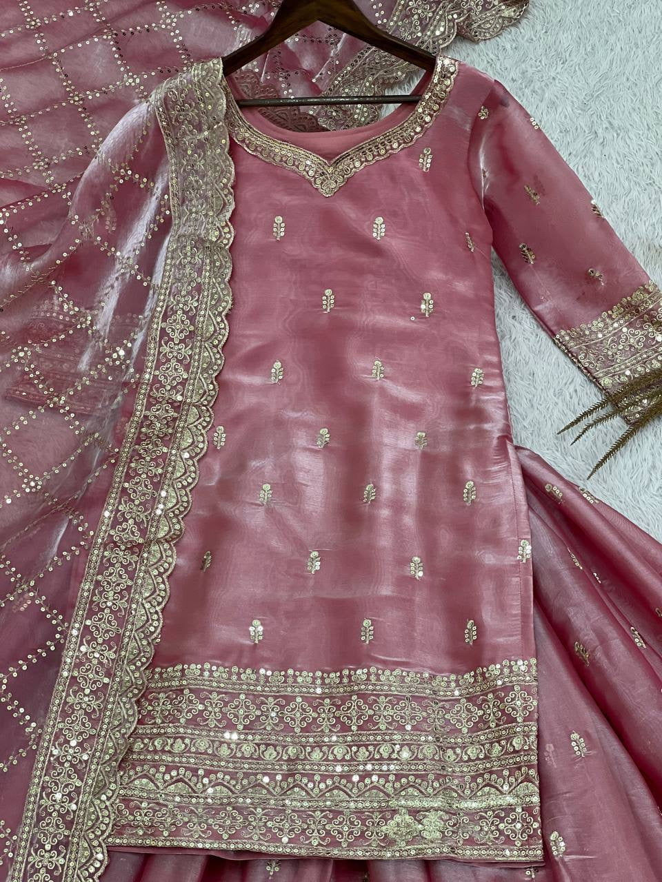 Peach Embroidery Sequins Sharara Suit with Dupatta