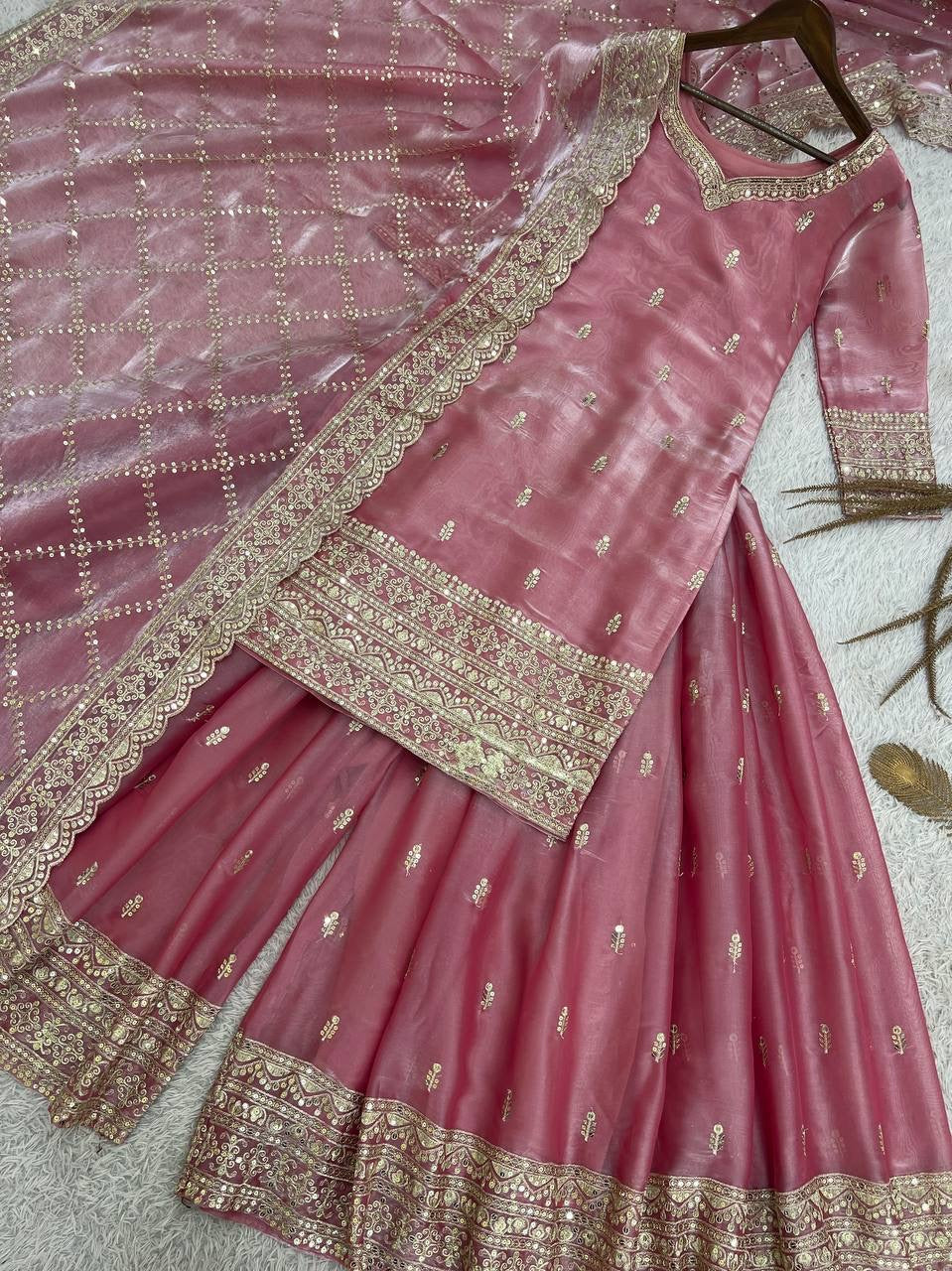 Peach Embroidery Sequins Sharara Suit with Dupatta