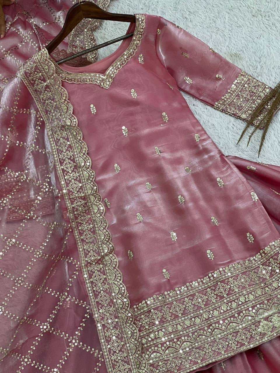 Peach Embroidery Sequins Sharara Suit with Dupatta