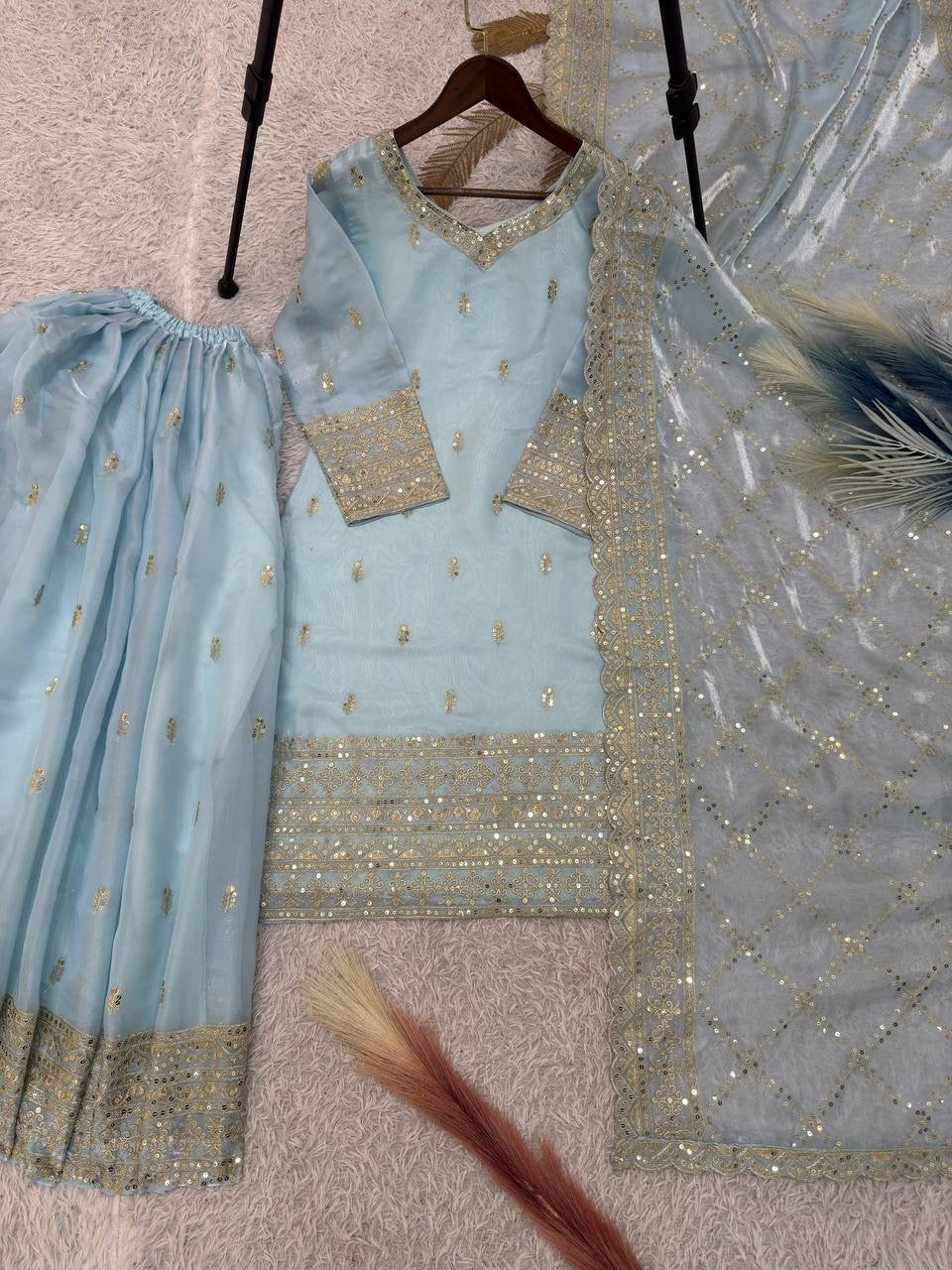 Ice Blue Embroidery Sequins Sharara Suit with Dupatta