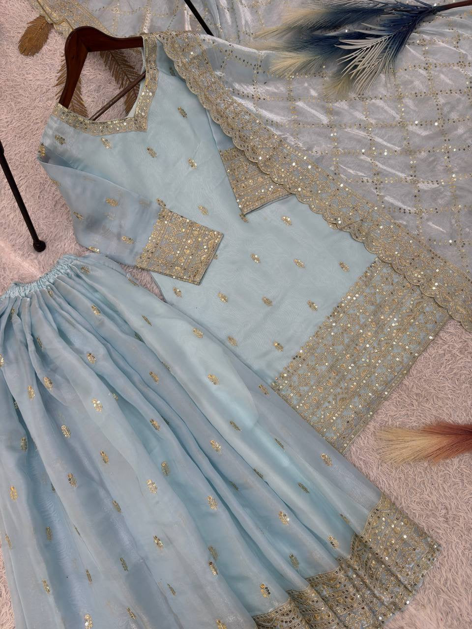 Ice Blue Embroidery Sequins Sharara Suit with Dupatta