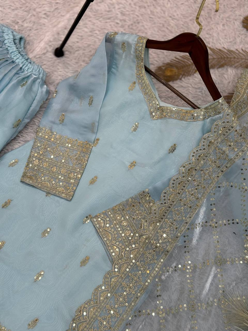 Ice Blue Embroidery Sequins Sharara Suit with Dupatta
