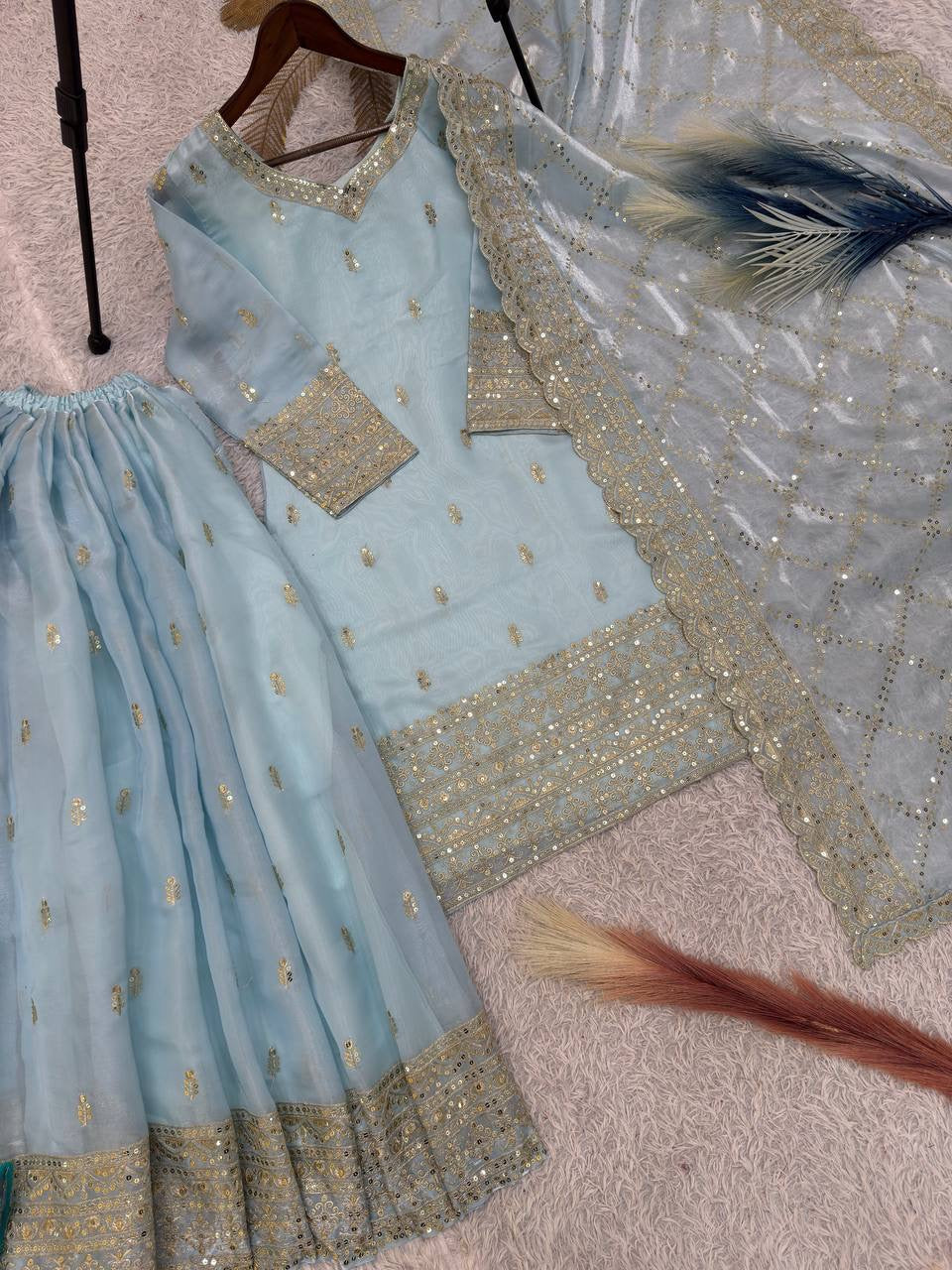 Ice Blue Embroidery Sequins Sharara Suit with Dupatta
