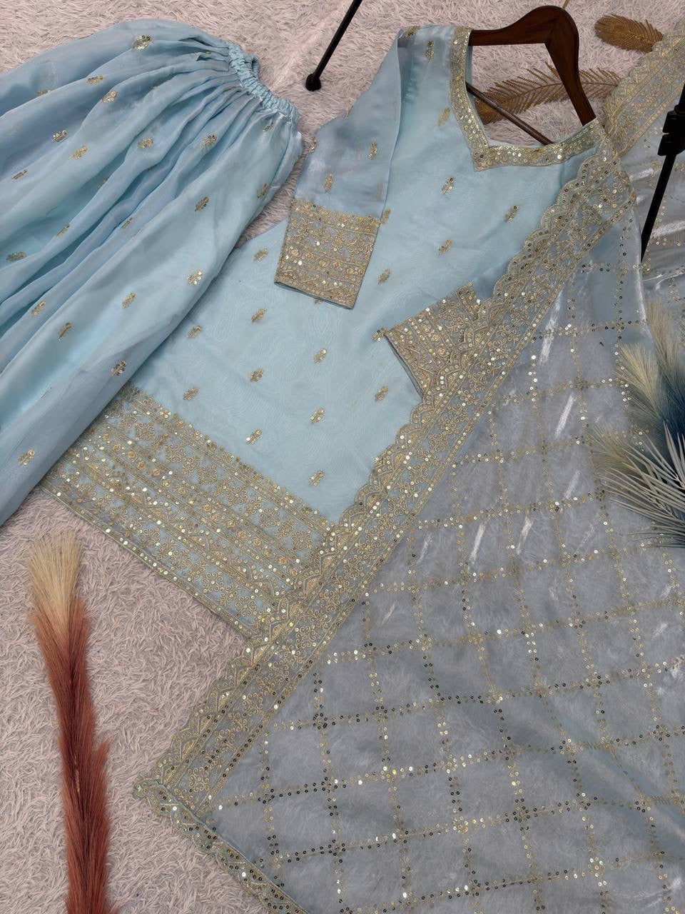 Ice Blue Embroidery Sequins Sharara Suit with Dupatta